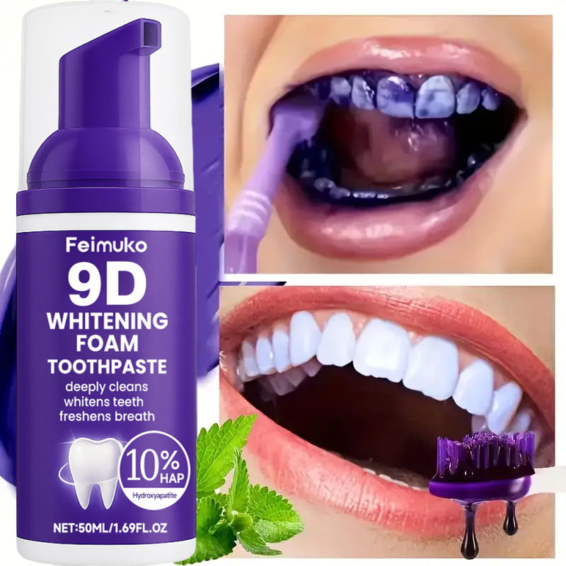 9D 퍼플 치아 미백 치약 무스, 누런 치아 및 플라그 - Teeth Whitening Foam 리뷰 및 가격